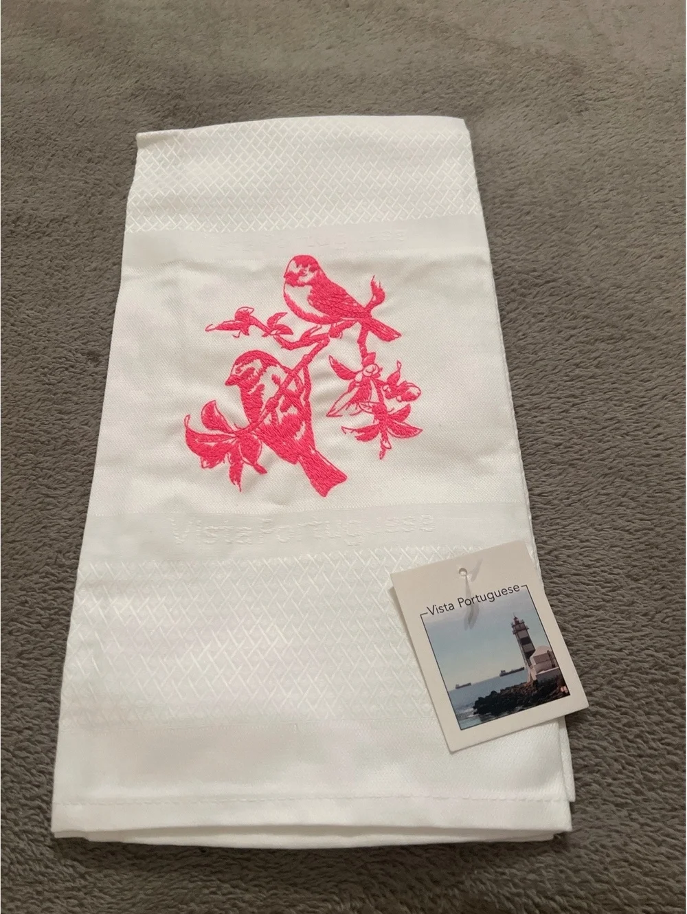 White Dish Towel with Pink Bird Embroidery